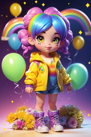 masterpiece, best quality,1 girl, pretty and cute, (rainbow color Highlight Hair,colorful hair:1.4), wearing blue and purple sunglasses, yellow jacket with white pattern, white sweater, many colored balloons, doll face, ponytail braid, perfect detail eyes, delicate face, perfect cg, HD quality, colored balloons, sky ,black boots, Blythe doll style 