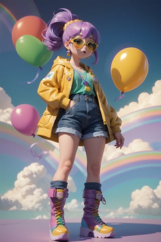 masterpiece, best quality,1 girl, pretty and cute, (rainbow color Highlight Hair,colorful hair:1.4), wearing blue and purple sunglasses, yellow jacket with white pattern, white sweater, many colored balloons, doll face, ponytail braid, perfect detail eyes, delicate face, perfect cg, HD quality, colored balloons, sky ,black boots, Blythe doll style 