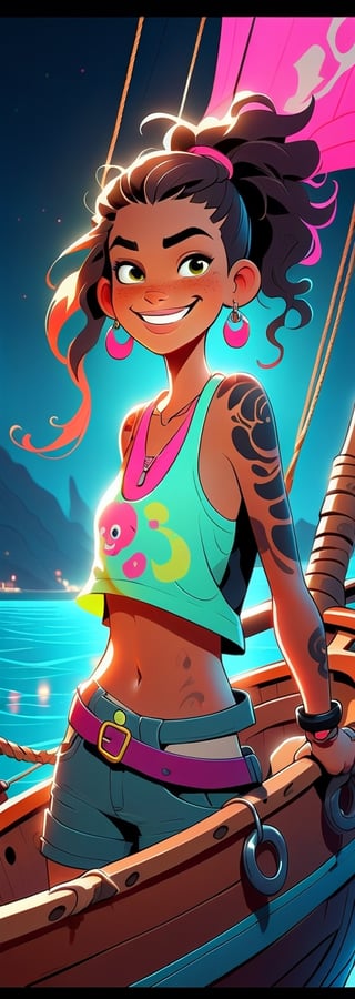 (by Loish, ) perfect anatomy, a beautiful pirate girl ,  all in neon ,  freckles:1.2), smiling, fun, playful, extremely detailed, More Detail XL, pirate in barco, con sable
