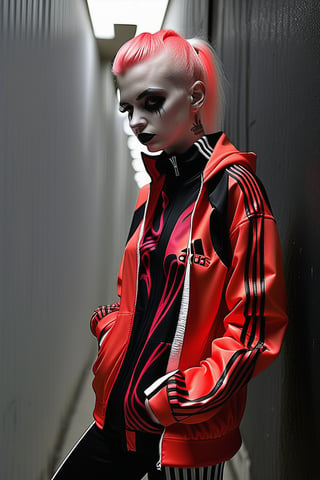 ADIDAS CAMPERA  model albino woman,more detail XL,clothes punk anarchist , make up gothic shine , black, red, white, glow 
