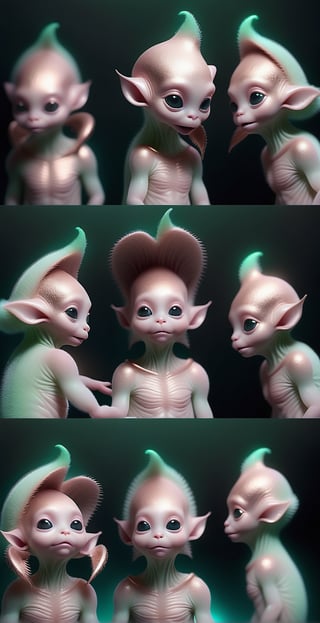 fotogrFIA, hiperrealista, render 2d, unsetting, 8k ,A cute fuzzy alien with translucent skin that reveals its internal herats , which mint glow softly with bioluminescence. It has a head that is disproportionately large compared to its body, giving it a comically cute appearance, and it communicates through a series of chirps and whistles.he chlotes are rose gold sleep in bethroom play kids, clover in the aire (by Loish, )