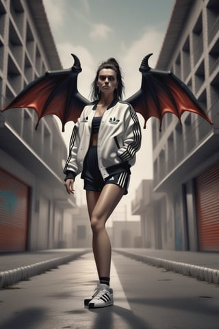 realistic photograph, render 2d, 8k, unsetting  of a FULL BODY  demon albine woman model adidas WHIT campera adidas vintage IN varios colors  , , backgroun callejon lloviendo  , rock star style