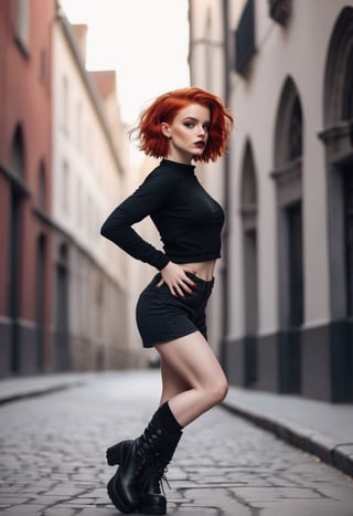 ((masterpiece, high quality, best quality, 8k, girl, 18 year old, Sexy Pose,Sexy Pose, modern clothe, red hair, short hair,Styles Posewoman adult , whit flekes ,gothic style , dance in street
