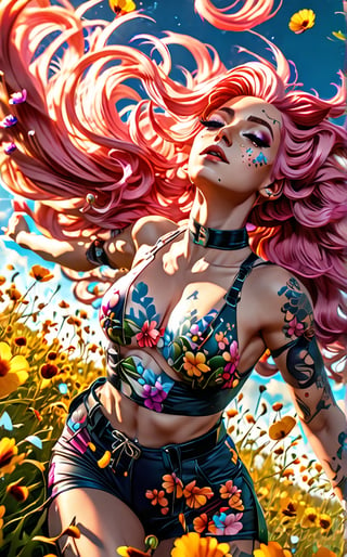  imagine a beautiful Leeloo mostrando su pase by a field if wild flowers with her body tattooed in intricate colorful floral design, long sapphire pink hair blowing with the wind,  sense of beauty and a wonder, sunset, 8k UHD, alberto seveso style,EpicSky,arcane, wide_hips, amber glow, flower petals flying with the wind, hazel eyes 