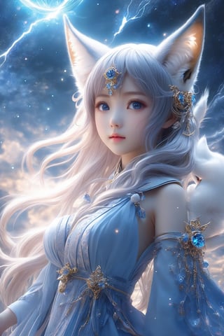masterpiece, extremely best quality,  official art,  cg 8k wallpaper,  (Fantasy Style:1.1), (face focus,  cute,  masterpiece,  best quality,  1girl, kitsune con cuernos de demonio ,  solo,  standing,  pixiv:1), 3d,  looking up,  light particle,  highly detailed,  best lighting,  pixiv,  depth of field,  (beautiful face),  fine water surface,  incredibly detailed,  (an extremely  beautiful),  (best quality),yua_mikami,Sci-fi ,pturbo,F41Arm0rXL ,Spirit Fox Pendant,composed of elements of thunder锛宼hunder锛宔lectricity,Travel,Renaissance Sci-Fi Fantasy, serika \(blue archive\)