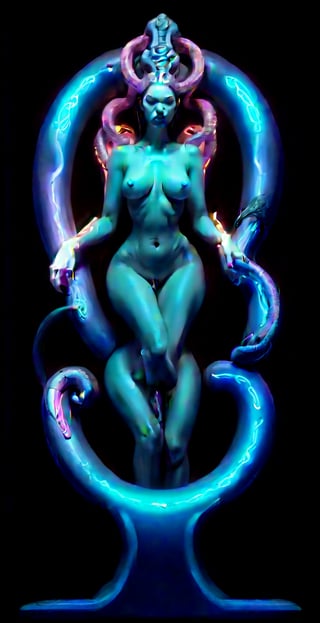 realistic, render 2d, 0k, full body woman snakes sit in one throne  loish art style,more detail XL, neon ,luminicent,4rc4n3