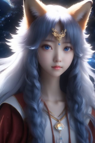 masterpiece, extremely best quality,  official art,  cg 8k wallpaper,  (Fantasy Style:1.1), (face focus,  cute,  masterpiece,  best quality,  1girl, kitsune ,  solo,  standing,  pixiv:1), 3d,  looking up,  light particle,  highly detailed,  best lighting,  pixiv,  depth of field,  (beautiful face),  fine water surface,  incredibly detailed,  (an extremely  beautiful),  (best quality),yua_mikami,Sci-fi ,pturbo,F41Arm0rXL ,Spirit Fox Pendant,composed of elements of thunder锛宼hunder锛宔lectricity,Travel,Renaissance Sci-Fi Fantasy, serika \(blue archive\)