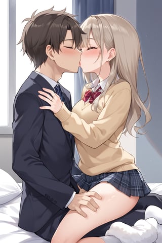 A high school student, 17 years old, /(school uniform: dark yellow sweater, beige blouse, dark brown miniskirt with white lines and pleats, dark gray socks,), in a room, on the bed, near the window, in winter, fogged glass, the young woman riding on the man's hip kissing passionately while moving her pelvis, 21 years old, /(formal suit, rings on fingers,), on top of the man riding him, frontal focus, 