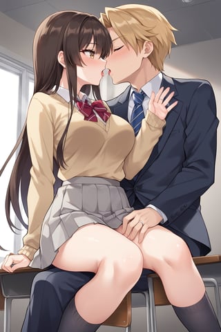 A highschool student, 17 years old, /(school uniform: Dark yellow sweater, beige blouse, dark brown miniskirt with white lines and pleats, dark grey socks,), in a room, on a chair, near the window, in winter, fogged glass, the young lady riding on the man's hip passionately kissing, 21 years old, /(formal suit, rings on fingers,), on top of the man riding him, frontal focus, 