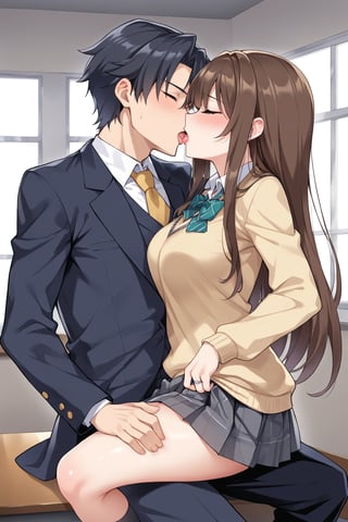 A highschool student, 17 years old, /(school uniform: Dark yellow sweater, beige blouse, dark brown miniskirt with white lines and pleats, dark grey socks,), in a room, on a chair, near the window, in winter, fogged glass, the young lady riding on the man's hip passionately kissing, 21 years old, /(formal suit, rings on fingers,), on top of the man riding him, frontal focus, 