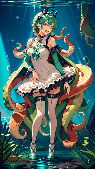 1 girl, alone, hair made entirely of octopus tentacles, including twin tentacle pigtails, smiling with an open mouth, tentacle bangs, white thighs, green dress with ruffles and loose sleeves, bow, full body, standing, green and yellow eyes, very long and abundant green tentacles, wings, green shoes, crossed arms, visible armpits, holding a book and a microphone, bubbles around, underwater theme, ribbon on the leg, singing, Cthulhu