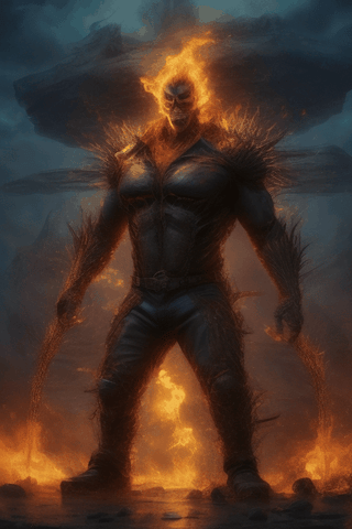 In a desolate wasteland of volcanic ash and smoldering embers, the Infernal Titan rises like a behemoth from the sulfurous haze. Its imposing figure stands at least 100 feet tall, its humanoid form distorted by an otherworldly essence. The titan's charred skin glistens like molten lava, while horns protrude from its skull and eyes blaze with hellish fury.,ghostrider