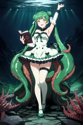 1 girl, alone, hair made entirely of octopus tentacles, including twin pigtails of tentacles, smiling with full, red lips, tentacle bangs, white thighs, green dress with ruffles and loose sleeves, bun, standing, full body , green and yellow eyes, very long and abundant green tentacles, wings, green shoes, arms crossed, visible armpits, holding a book and a microphone, bubbles around, underwater theme, tape on the leg, blushing, very sexy