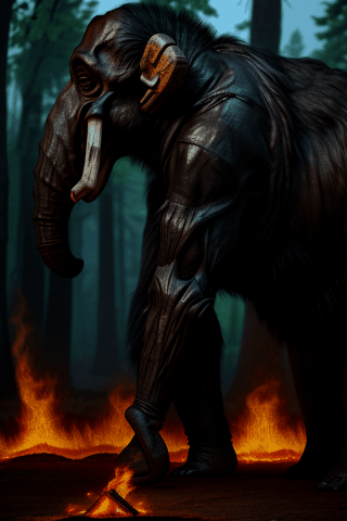alone, open mouth, black hair, 1 primitive man, profile, dressed in animal leather, male focus, chain of bones, fire, ground vehicle, mammoth, mammoth set on fire, eyes of fire, skull, motion blur, animal leather, mounted on the mammoth