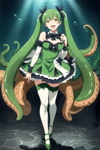 1girl, solo, tentacle hair, smile, open mouth, bangs, thighhighs, dress, bow, holding, twintails, very long hair, green eyes, standing, full body, yellow eyes, frills, detached sleeves, green hair, wings, shoes, armpits, arm up, white thighhighs, book, microphone, tentacles, bubble, green dress, underwater, leg ribbon, singing, green theme, green footwear