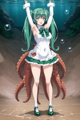 1 girl, alone, hair made entirely of octopus tentacles, including twin pigtails of tentacles, smiling with full, red lips, tentacle bangs, white thighs, green dress with ruffles and loose sleeves, bun, standing, full body , green and yellow eyes, very long and abundant green tentacles, wings, green shoes, arms crossed, visible armpits, bubbles around, underwater theme, ribbon on the leg, blushing, very sexy,OtomeDori