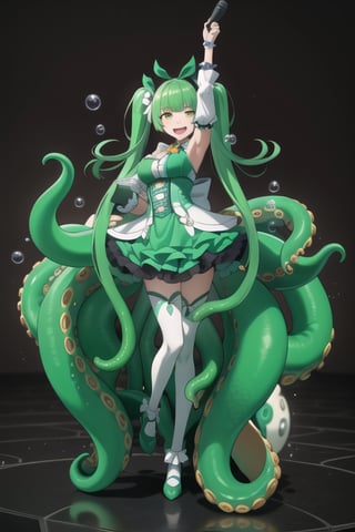 1 girl, alone, hair made entirely of octopus tentacles, including twin tentacle pigtails, smiling with an open mouth, tentacle bangs, white thighs, green dress with ruffles and loose sleeves, bow, full body, standing, green and yellow eyes, very long and abundant green tentacles, wings, green shoes, crossed arms, visible armpits, holding a book and a microphone, bubbles around, underwater theme, ribbon on the leg, singing, Cthulhu,Diva