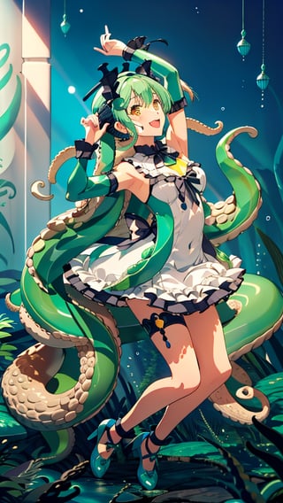 1 girl, alone, hair made entirely of octopus tentacles, including twin tentacle pigtails, smiling with an open mouth, tentacle bangs, white thighs, green dress with ruffles and loose sleeves, bow, full body, standing, green and yellow eyes, very long and abundant green tentacles, wings, green shoes, crossed arms, visible armpits, holding a book and a microphone, bubbles around, underwater theme, ribbon on the leg, singing, Cthulhu