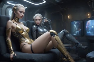 A captivating beautiful illustration of two futuristic human android women sexy robots, human skin lounging comfortably on a plush couch legs open engrossed in a documentary about wild animals on a giant TV screen. The robot is built with intricate metallic and mechanical details, resembling vintage and modern design elements. Its bulging eyes reflect a keen interest in the program, showcasing a unique blend of curiosity and fascination. The background is a dark, cinematic space, with a subtle glow from the TV, a dimly lit room. Wild animals and their environments fill the screen, creating a striking contrast between the robot's mechanical universe made of gold and silver and the untamed, natural world., cinematic, illustration








, DonM3l3m3nt4lXL,qsuku,Close-up Pussy