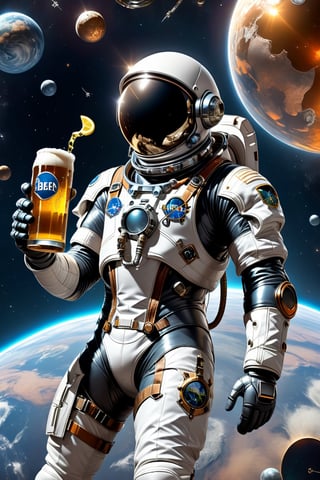 A spaceman floating in space in a space suit, with a beer in his hand, Joewiser logo, behind him planet Earth in view, the African continent, stars in space, cyborg-style, cyborg-style, cyborg-style