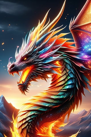 very bright seven-color transparent glass dragon breathing fire with neon edges, breathing Fire from his mouth and absolutely fairy tale mountains background, origami style, furious, fierce, magical and delicate line of scientific and technological sense, movie sense, HD, detailed light, cinematic, high detail, 4k , cyberpunk, 3D rendered, 32k, hyper-detailed, magical and epic, epic light, the most perfect and beautiful image ever created, image was taken with the Sony A7SIII camera, many details, 8k speed effect, Phi Phenomenon (Marcos Wertheimer) , flat, vector, delicate folds, black background –ar 1:1,DonM3l3m3nt4lXL,glitter