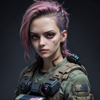 cyberpunk abdroid woman backpack military, tech goggles, chewing gum portrait.,<lora:659095807385103906:1.0>