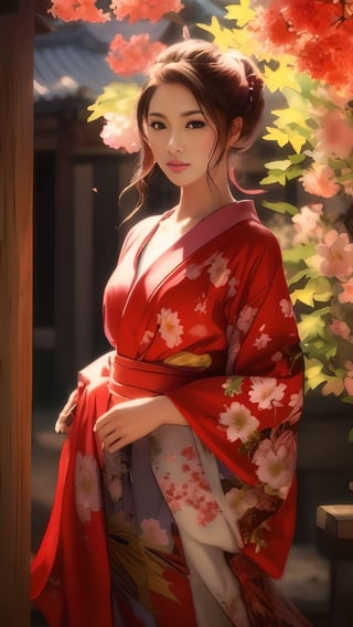 A stunning digital artwork depicts a ravishing anime woman clad in a vibrant red kimono, standing confidently before a majestic tree. Inspired by the unique style of Guweiz, the artwork exudes Japanese elegance. The woman's kimono drapes elegantly around her curvaceous figure, while her captivating facial expression and alluring gaze draw the viewer's attention. Framed against the rustic tree trunk, she embodies beauty and allure in this exquisite digital anime art piece.