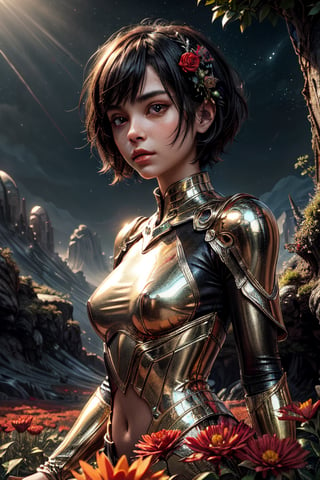 "Painting, ultra high definition, girl with short black hair and large red flowers, yellow eyes, standing on an alien planet, sunlight illuminating metallic petals, fantasy environment, vivid hues, detailed vegetation, vast alien sky, dreamlike quality, immersive landscape."