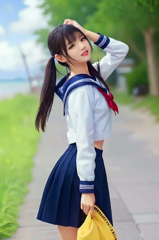 (((masterpiece))), (((best quality))), Best picture quality, high resolution, 8k, realistic, sharp focus, realistic image of elegant lady, there is a woman in a sailor outfit posing for a picture, beautiful anime high school girl, loose coat collar sailor uniform, kantai collection style, sailor uniform, anime girl in real life, smooth anime cg art, seifuku, japanese , young anime girl, anime visual of a cute girl, cute anime girl, a hyperrealistic , jk uniform