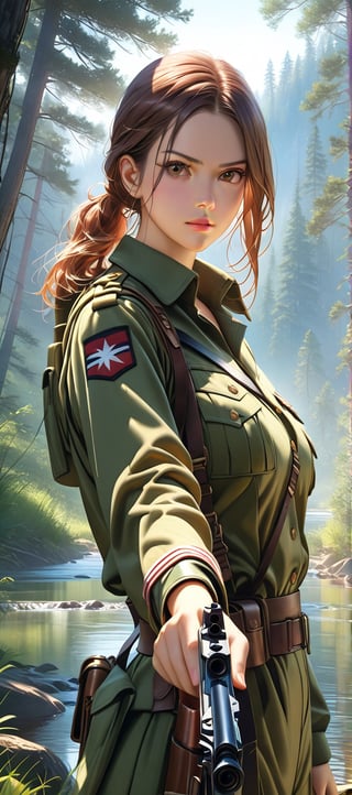 Masterpiece, Best quality, Photorealistic, Ultra-detailed, fine detail, high resolution, 8K wallpaper,In the image, a woman is seen in a wilderness setting. She is wearing military-style clothing and is holding a gun in her right hand while pointing it towards the camera. Her expression is serious, and she appears focused on something beyond the frame of the photo. The background suggests a natural environment with trees and possibly a river or stream nearby.