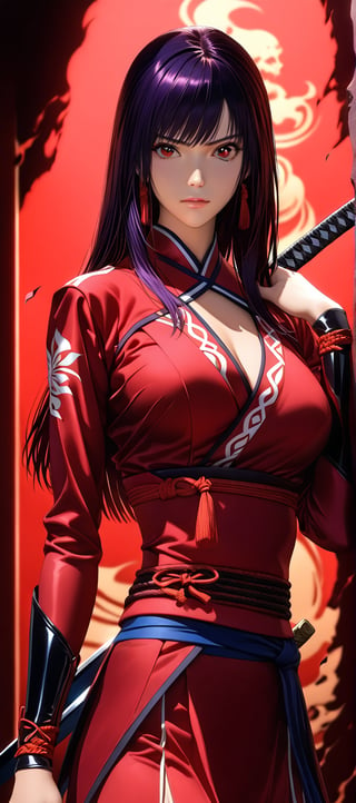 Masterpiece, Best quality, Photorealistic, Ultra-detailed, fine detail, high resolution, 8K wallpaper, In this image, a woman, Yoko Matsugane's Mai Shiranui spirit, poses against a dark, crimson-lit background, her black and red kunoichi attire accentuating the dramatic tension. Her hand, adorned with crimson lacquerware, grasps the hilt of a gleaming katana, ready to unsheathe its deadly edge. Inspired by Masamune Shirow's futuristic aesthetic, this portrait combines the stealthy power of a ninja gaiden girl with the unbridled ferocity of Dead or Alive 6's Mai Shiranui.