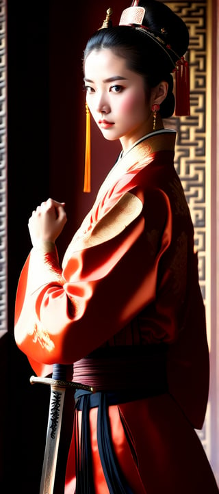 Masterpiece, Best quality, Photorealistic, Ultra-detailed, fine detail, high resolution, 8K wallpaper, In this image, a young woman is captured in a moment of intense focus and determination. She's dressed in a traditional Chinese outfit, complete with an ornate hair accessory that adds to her serious demeanor. Her right hand grips the hilt of a sword, poised for action. The background suggests an indoor setting, possibly a room adorned with cultural decorations. Her gaze is directed off to the side, and her expression is one of concentration, hinting at the challenges she might be facing or the task at hand.