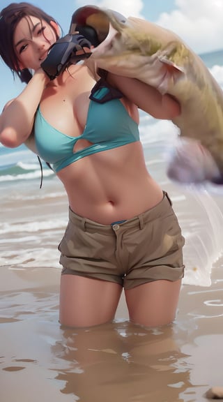 there is a woman holding a giant catfish in her hands on the beach, realistic bikini, photorealistic perfect body, realistic water, highly detailed giantess shot, realistic shaded perfect body, quiet from metal gear solid v, swimsuit, ultra realistic picture, overwatch tracer in a bikini, photorealistic picture, deviantart artstation cgscosiety, photorealistic digital painting,SAM YANG