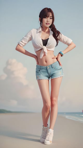 A stunning Korean woman poses on a sun-kissed beach, wearing a crisp white shirt and matching blue shorts. Her slender physique is accentuated by the frame of her body against the horizon, as she relaxes with one leg bent and the other extended. Soft, golden lighting casts a warm glow on her smooth skin, and her long hair flows gently in the ocean breeze. The vibrant blue shorts create a striking contrast with the turquoise waters behind her, while her confident expression exudes a sense of carefree joy.