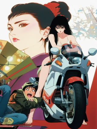 A gritty close-up shot frames determined woman's face, her jaw clenched as she grips Akira's iconic motorcycle, black hair flowing smoothly in wind. Desperate man's grasp wraps around legs, anguished cry echoing through dark cityscape. Neon lights and billboards blur in background like 90's anime dreamscape. Camera zooms out to reveal speeding motorcycle, headlights piercing darkness as woman speeds away from chaos. Dynamic composition mirrors city's jagged lines, kaleidoscope of colors and textures.,Pneumablade