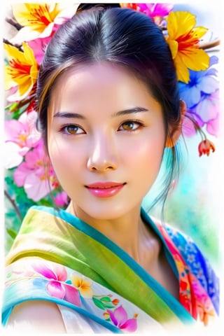 alian_v1, 24 years old lady,pencil Sketch of a beautiful asian woman, grande fée avec un châle long coloré et plein coulant orné de fleurs multicolores, douces couleurs pastel mélangées à des aquarelles de couleur vive, assise sur une balançoire en bois ovale
