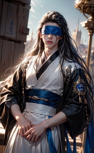(BLACK_HAIRED_MALE) (blindfolded with silve_embroidere_ BLUE_silk_ribbon in front of his eyes:1.5), best quality, masterpiece, beautiful and aesthetic, 16K, (HDR:1.4), high contrast, (vibrant color:0.5), (muted colors, dim colors, soothing tones:1.3), Exquisite details and textures, cinematic shot, Cold tone, (Dark and intense:1.2), wide shot, ultra realistic illustration, siena natural ratio, Art by Luis Royo and Gustave Moreau, (MARTIAL ART POSE:1.4)
(extreamly delicate and beautiful:1.2), 8K, (tmasterpiece, best:1.2), (LONG_BLACK_HAIR_MALE:1.5), (PERFECT SYMMETRICAL BLUE EYES:0), a long_haired masculine male, cool and determined, evil_gaze, (wears black and white hanfu:1.2), (BLOODY_FACE blindfolded:1.5) and intricate detailing, finely eye and detailed face, Perfect eyes, Equal eyes, Fantastic lights and shadows、finely detail,Depth of field,,cumulus,wind,insanely NIGHT SKY,very long hair,Slightly open mouth, long SILVER-WHITE hair,slender waist,,Depth of field, angle ,contour deepening,cinematic angle ,Enhance,Take a bath in a wooden barrel,In the water