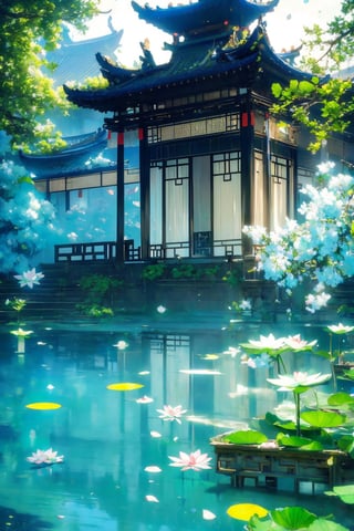 outdoors, sky, cloud, water, tree, no humans, building, scenery, reflection, lantern, stairs, architecture, east asian architecture,Chinese Architecture,blue moon, blue lotus pond,Surreal composition,Buildings scattered high and low,looking down from the sky, looking down, overlooking perspective,Picture from top to bottom,Many green plants,White flowers and falling petals