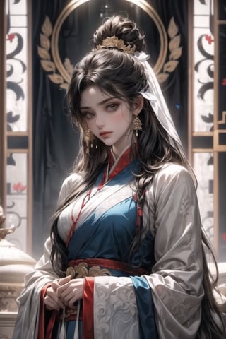 1female,(extreamly delicate and beautiful:1.2), 8K, (tmasterpiece, best:1.0), , (LONG_HAIR_FEMALE:1.5), Upper body, a long_haired female, cool and seductive, evil_gaze,  (wears white hanfu:1.2), and intricate detailing, and intricate detailing, finely eye and detailed face, Perfect eyes, Equal eyes, Fantastic lights and shadows、white room background、 Uses backlight and rim light,wind blowing hair,ancient chinese style,wears white and blue hanfu