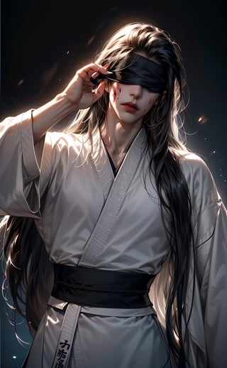 (BLACK_HAIRED_MALE_with_bloody_wounds_on_his_face holding_ancient_sword:1.5) (blindfolded with silve_embroidere_ BLUE_silk_ribbon in front of his eyes:1.5), best quality, masterpiece, beautiful and aesthetic, 16K, (HDR:1.4), high contrast, (vibrant color:0.5), (muted colors, dim colors, soothing tones:1.3), Exquisite details and textures, cinematic shot, Cold tone, (Dark and intense:1.2), wide shot, ultra realistic illustration, siena natural ratio, Art by Luis Royo and Gustave Moreau, (MARTIAL ART POSE:1.4)
(extreamly delicate and beautiful:1.2), 8K, (tmasterpiece, best:1.2), (LONG_BLACK_HAIR_MALE:1.5), (PERFECT SYMMETRICAL BLUE EYES:0), a long_haired masculine male, cool and determined, evil_gaze, (wears black and white hanfu:1.2), (BLOODY_FACE blindfolded:1.5) and intricate detailing, finely eye and detailed face, Perfect eyes, Equal eyes, Fantastic lights and shadows、finely detail,Depth of field,,cumulus,wind,insanely NIGHT SKY,very long hair,Slightly open mouth, long SILVER-WHITE hair,slender waist,,Depth of field, angle ,contour deepening,cinematic angle ,Enhance