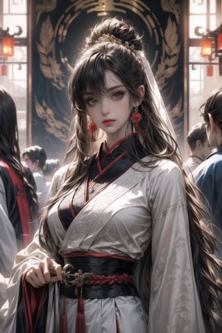 1female,(extreamly delicate and beautiful:1.2), 8K, (tmasterpiece, best:1.0), , (LONG_HAIR_FEMALE:1.5), Upper body, a long_haired female, cool and seductive, evil_gaze,  (wears white hanfu:1.2), and intricate detailing, and intricate detailing, finely eye and detailed face, Perfect eyes, Equal eyes, Fantastic lights and shadows、white room background、 Uses backlight and rim light,wind blowing hair,ancient chinese style