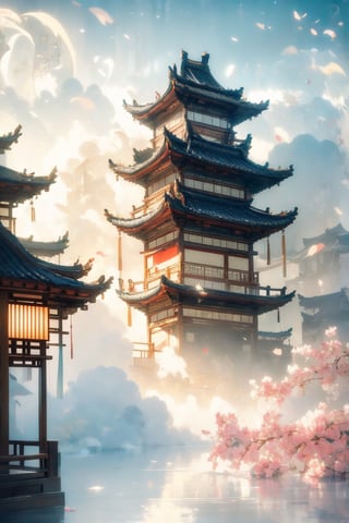 Picture from top to bottom,outdoors, sky, cloud,more tree and flower, no humans, building, scenery, reflection, lantern, stairs, architecture, east asian architecture,Chinese Architecture, Surreal composition,Buildings scattered high and low,looking down from the sky, looking down, overlooking perspective,morning sky,Sense of space, reduce redness