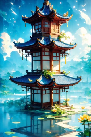 Picture from top to bottom,outdoors, sky, cloud,more tree and flower, no humans, building, scenery, reflection, lantern, stairs, architecture, east asian architecture,Chinese Architecture, blue lotus pond,Surreal composition,Buildings scattered high and low,looking down from the sky, looking down, overlooking perspective,morning sky,