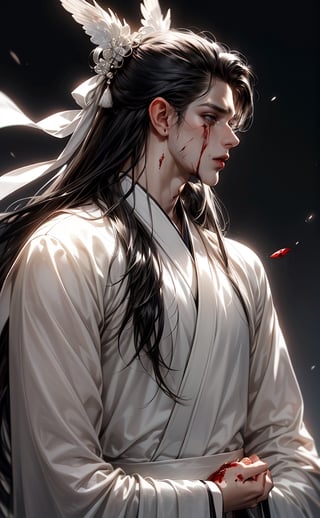 (BLACK_HAIRED_MALE_with_bloody_wounds_on_his_face :1.5),White ribbon covering eyes,wears white hanfu and the thick white plush shawl, best quality, masterpiece, beautiful and aesthetic, 16K, (HDR:1.4), high contrast, (vibrant color:0.5), (muted colors, dim colors, soothing tones:1.3), Exquisite details and textures, cinematic shot, Cold tone, (Dark and intense:1.2), wide shot, ultra realistic illustration,
(extreamly delicate and beautiful:1.2), 8K, (tmasterpiece, best:1.2), (LONG_BLACK_HAIR_MALE:1.5), (PERFECT SYMMETRICAL BLUE EYES:0), a long_haired masculine male, cool and determined, haggard_gaze, (wears white hanfu:1.2), and intricate detailing, finely eye and detailed face, Perfect eyes, Equal eyes, Fantastic lights and shadows、finely detail,Depth of field,,cumulus,wind,insanely NIGHT SKY,very long hair,Slightly open mouth, long SILVER-WHITE hair,slender waist,,Depth of field, angle ,contour deepening,cinematic angle ,Enhance,profile,Remove covered area, Skin are some scars