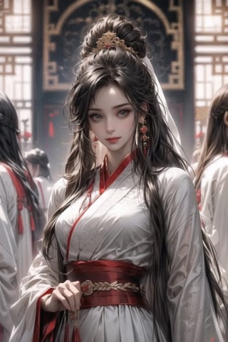 1female,(extreamly delicate and beautiful:1.2), 8K, (tmasterpiece, best:1.0), , (LONG_HAIR_FEMALE:1.5), Upper body, a long_haired female, cool and seductive, evil_gaze,  (wears white hanfu:1.2), and intricate detailing, and intricate detailing, finely eye and detailed face, Perfect eyes, Equal eyes, Fantastic lights and shadows、white room background、 Uses backlight and rim light,wind blowing hair,ancient chinese style,wears black hanfu,smile,Face to the right