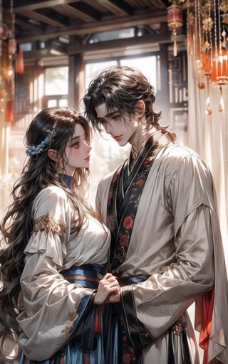 (MALE-FEMALE_COUPLE:1.5)(extreamly delicate and beautiful:1.2), 8K, (tmasterpiece, best:1.0), , (LONG_HAIR_MALE:1.5), Upper body, a long_haired male, cool and seductive, evil_gaze, (wears white hanfu:1.2), and intricate detailing, and intricate detailing, finely eye and detailed face, Perfect eyes, Equal eyes, Fantastic lights and shadows、white room background、 Uses backlight and rim light,wind blowing hair,ancient chinese style,wears light blue hanfu,smile,look at each other,long_hair male,long black hair 