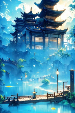 outdoors, sky, cloud, water, tree, no humans, building, scenery, reflection, lantern, stairs, architecture, east asian architecture,Chinese Architecture,blue moon, blue lotus pond,Surreal composition,Buildings scattered high and low,looking down from the sky, looking down, overlooking perspective,morning sky,Picture from top to bottom