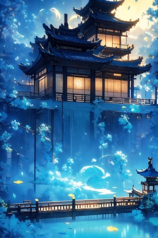 outdoors, sky, cloud, water, tree, no humans, building, scenery, reflection, lantern, stairs, architecture, east asian architecture,Chinese Architecture,blue moon, blue lotus pond,Surreal composition,Buildings scattered high and low,looking down from the sky, looking down, overlooking perspective,night  sky,Picture from top to bottom