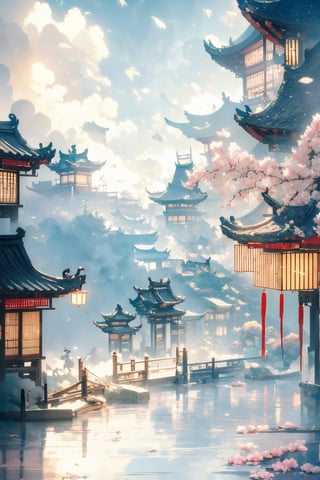 Picture from top to bottom,outdoors, sky, cloud,more tree and flower, no humans, building, scenery, reflection, lantern, stairs, architecture, east asian architecture,Chinese Architecture, Surreal composition,Buildings scattered high and low,looking down from the sky, looking down, overlooking perspective,morning sky,
