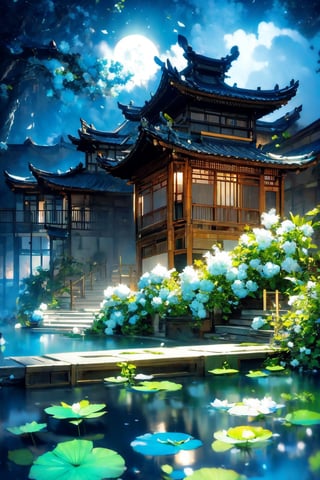 outdoors, Night sky, cloud, water, tree, no humans, building, scenery, reflection, lantern, stairs, architecture, east asian architecture,Chinese Architecture,blue moon, blue lotus pond,Surreal composition,Buildings scattered high and low,looking down from the sky, looking down, overlooking perspective,Picture from top to bottom,Many green plants,White flowers and falling petals